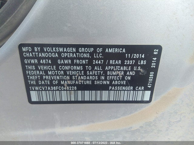 1VWCV7A36FC046226 Volkswagen Passat 2.0l Tdi Sel Premium