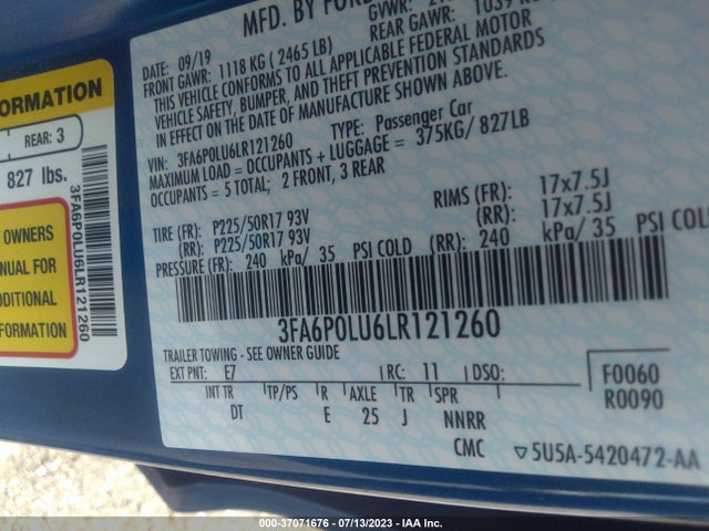 3FA6P0LU6LR121260 Ford Fusion Hybrid Se