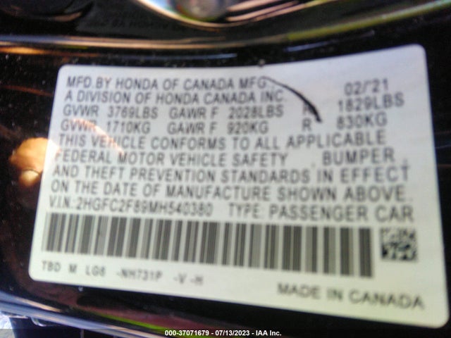 2021 HONDA CIVIC SEDAN SPORT VIN: 2HGFC2F89MH540380