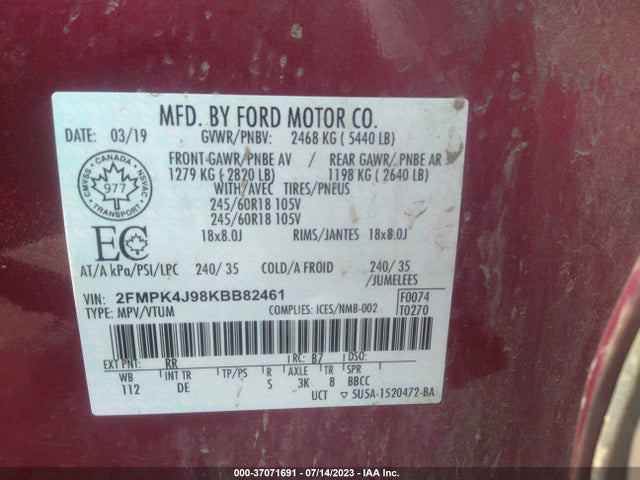 Ford EDGE SEL 2019 2FMPK4J98KBB82461 Image 9