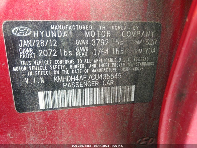 2012 HYUNDAI ELANTRA GLS VIN: KMHDH4AE7CU435845