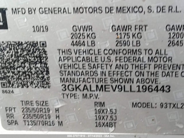 3GKALMEV9LL196443 GMC Terrain Fwd Sle