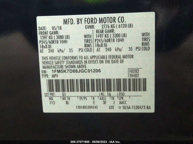 2018 FORD EXPLORER XLT VIN: 1FM5K7D88JGC01206