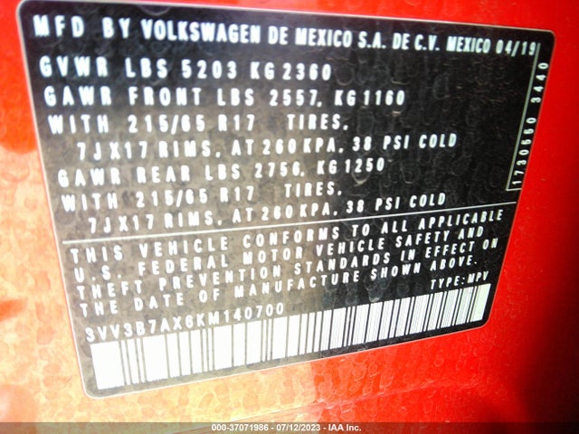 3VV3B7AX6KM140700 Volkswagen Tiguan Se/sel/sel R-line