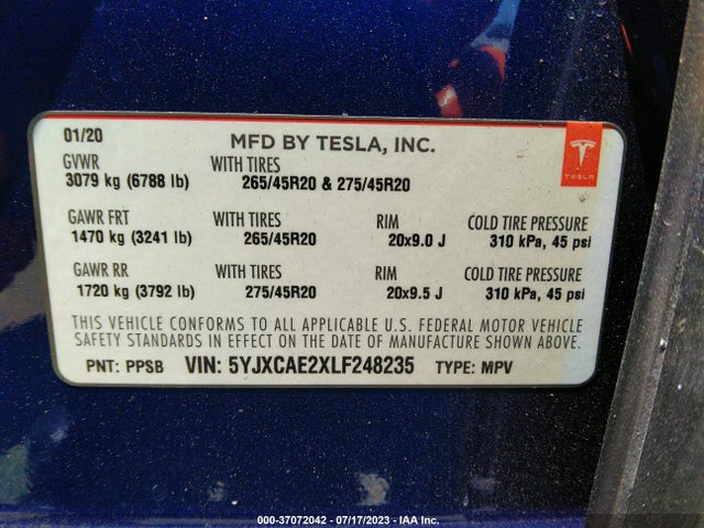 Tesla Model X Long Range 2020 5YJXCAE2XLF248235 Image 9