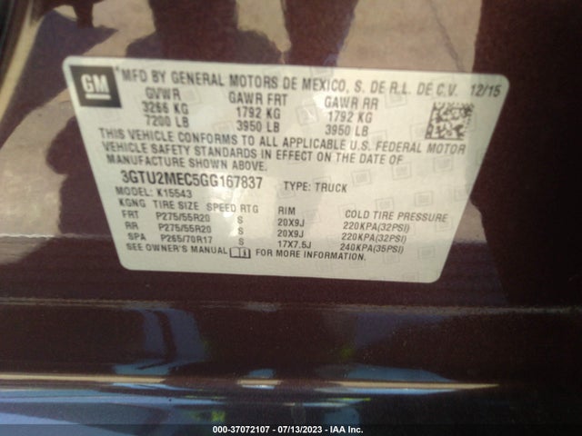 2016 GMC SIERRA 1500 SLE VIN: 3GTU2MEC5GG167837