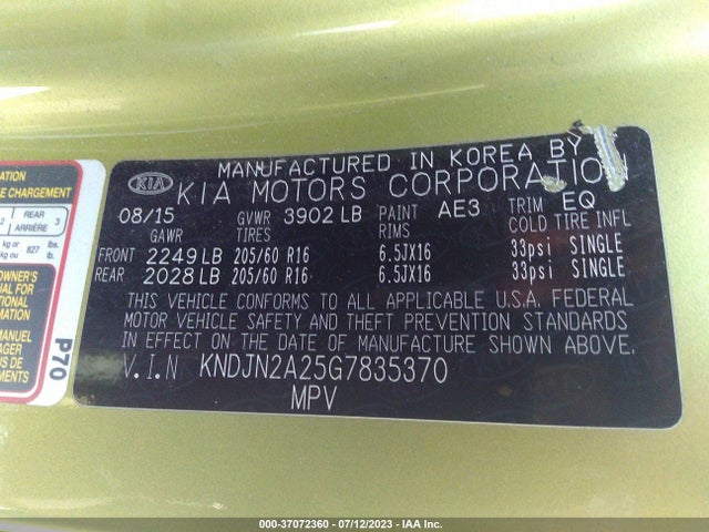 KIA Soul Base 2016 KNDJN2A25G7835370 Image 9