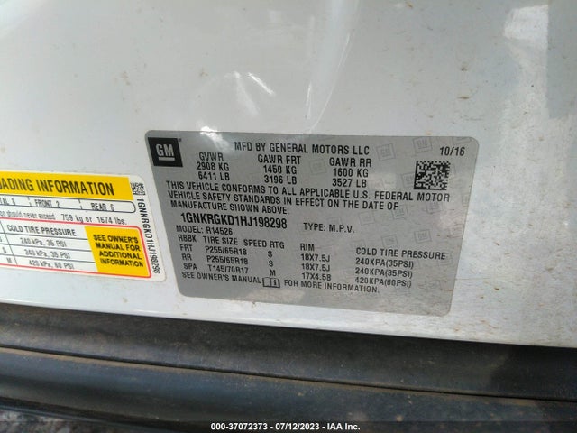 Chevrolet Traverse Lt 2017 1GNKRGKD1HJ198298 Image 9