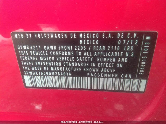 2013 VOLKSWAGEN JETTA SEDAN SE VIN: 3VWDX7AJ6DM354036