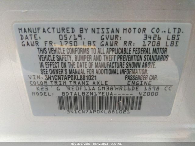 3N1CN7AP0KL881021 Nissan Versa Sedan Sv