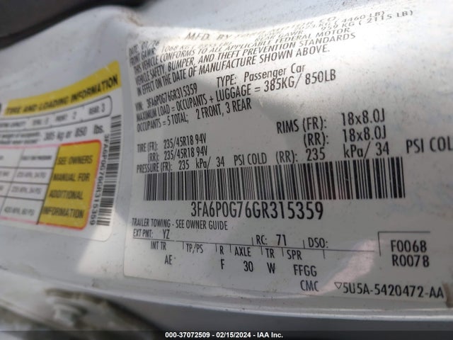 Ford FUSION S 2016 3FA6P0G76GR315359 Image 9
