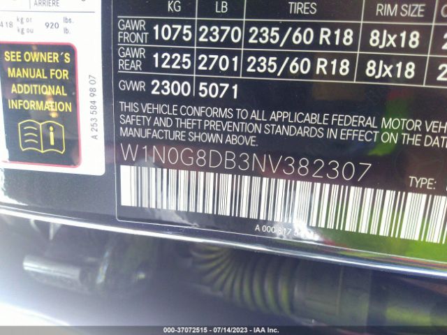 W1N0G8DB3NV382307 Mercedes-Benz Glc Glc 300
