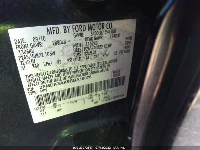 2011 FORD EDGE SPORT VIN: 2FMDK3AK9BBA16076