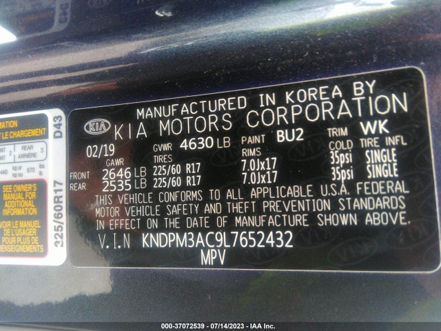 2020 KIA SPORTAGE LX VIN: KNDPM3AC9L7652432
