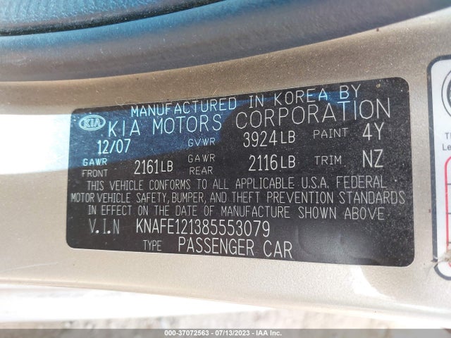 2008 KIA SPECTRA EX VIN: KNAFE121385553079