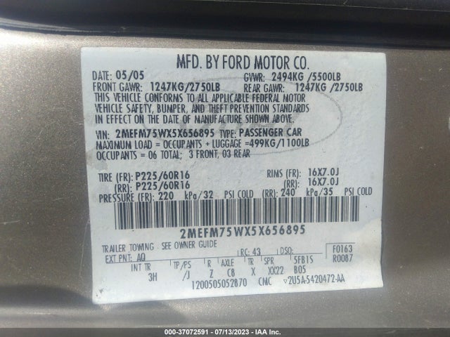 2005 MERCURY GRAND MARQUIS LS PREMIUM VIN: 2MEFM75WX5X656895