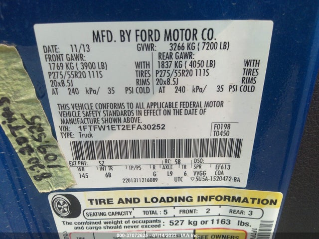 2014 FORD F-150 XL/XLT/FX4/LARIAT VIN: 1FTFW1ET2EFA30252
