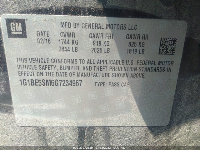 Chevrolet CRUZE LT 2016 1G1BE5SM6G7234967 Image 9