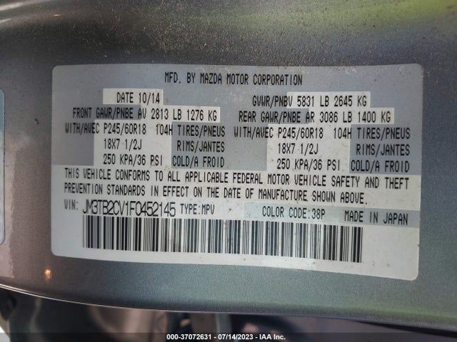 Aukcja sprzedaży 2015 Mazda Cx-9 Touring, vin: JM3TB2CV1F0452145, numer aukcji: 37072631