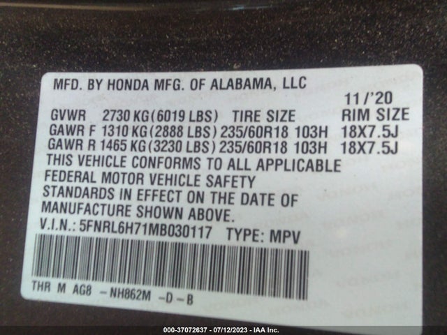 2021 HONDA ODYSSEY EX-L VIN: 5FNRL6H71MB030117