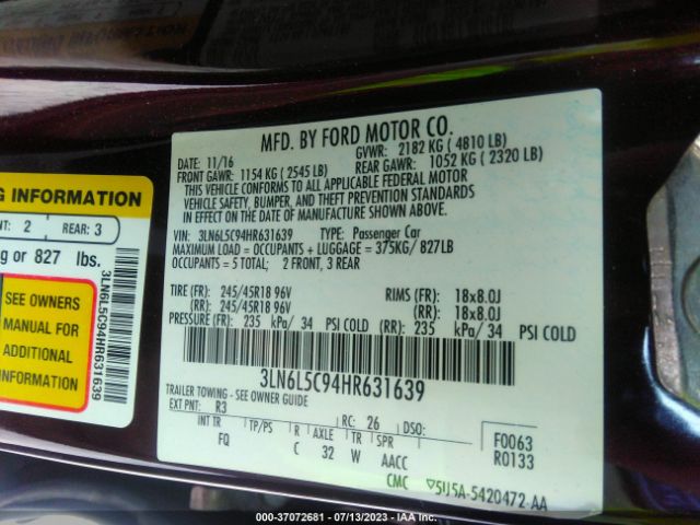 3LN6L5C94HR631639 Lincoln MKZ SELECT