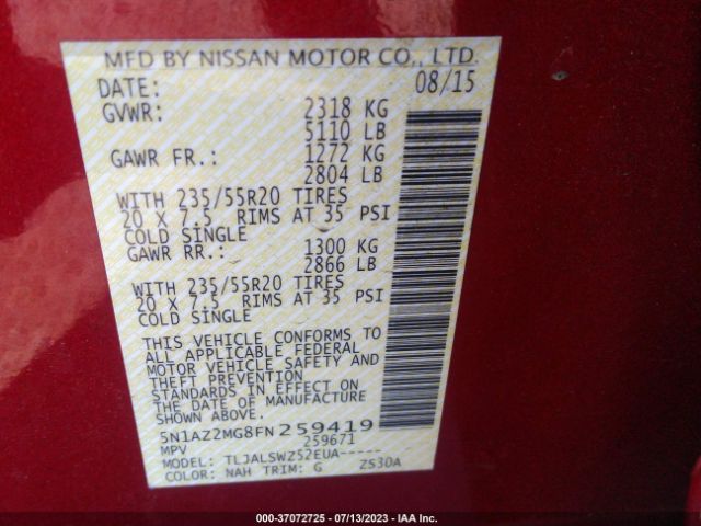 5N1AZ2MG8FN259419 Nissan Murano Platinum