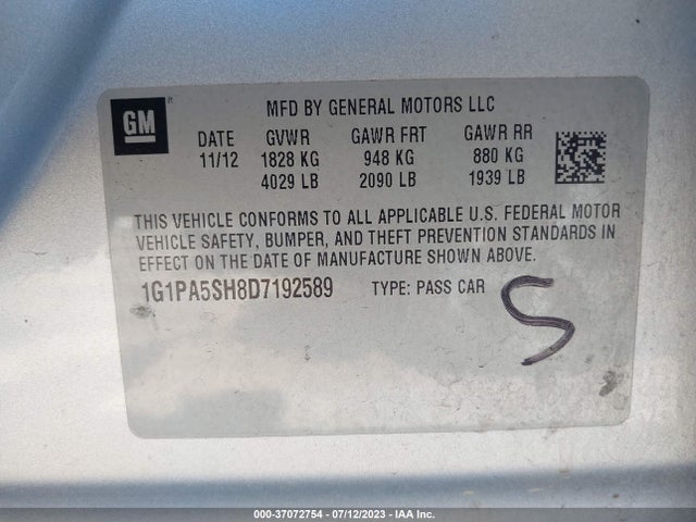 2013 CHEVROLET CRUZE LS VIN: 1G1PA5SH8D7192589