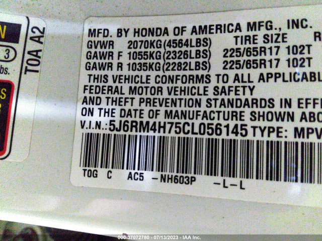 2012 HONDA CR-V EX-L VIN: 5J6RM4H75CL056145