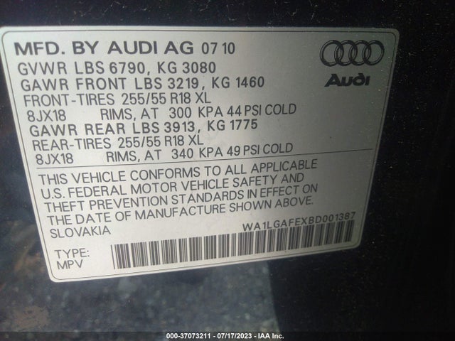 2011 AUDI Q7 3.0T PREMIUM PLUS VIN: WA1LGAFEXBD001387