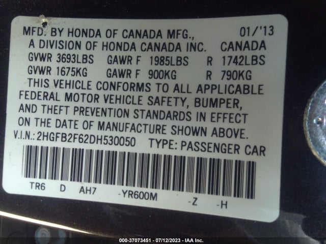 2013 HONDA CIVIC SDN HF VIN: 2HGFB2F62DH530050
