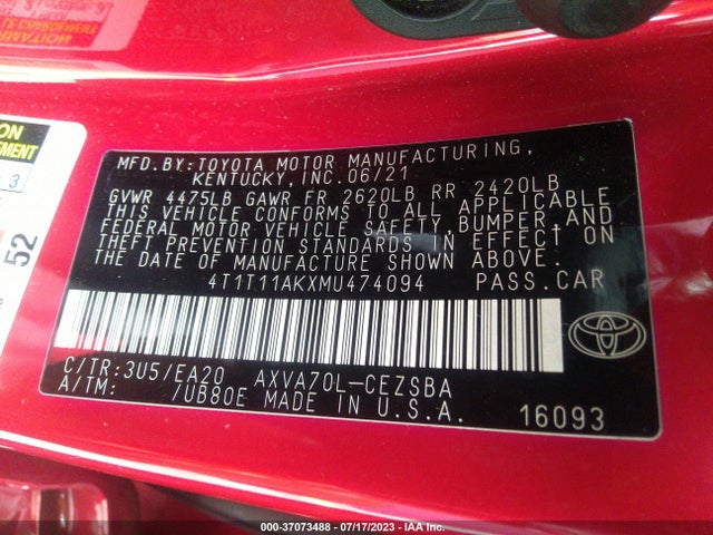 2021 TOYOTA CAMRY SE VIN: 4T1T11AKXMU474094