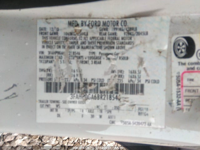 2011 FORD FUSION S VIN: 3FAHP0GA6BR218546