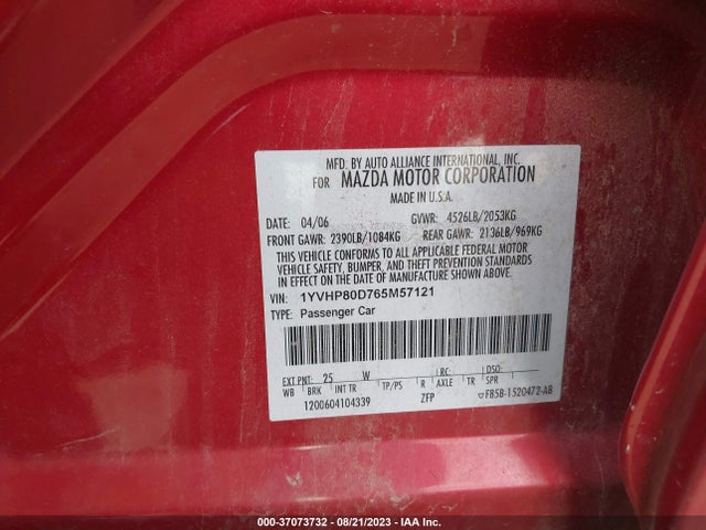 2006 MAZDA MAZDA6 S VIN: 1YVHP80D765M57121