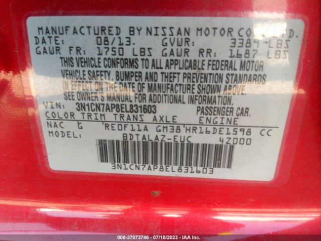 3N1CN7AP8EL831603 Nissan Versa S Plus