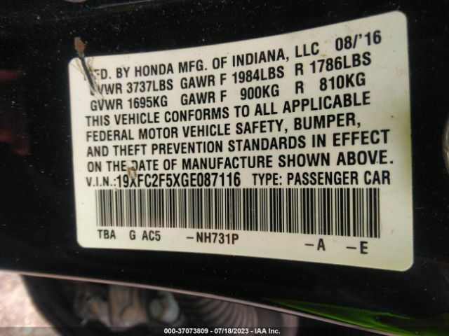 19XFC2F5XGE087116 Honda Civic Sedan Lx