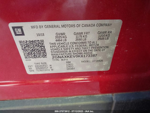 Chevrolet EQUINOX LT 2019 2GNAXKEV0K6173387 Image 9