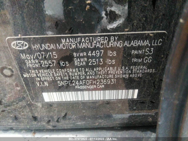 2015 HYUNDAI SONATA 2.4L SE VIN: 5NPE24AF0FH236931