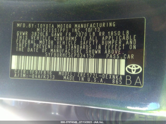 2014 TOYOTA COROLLA L/LE/S/S PLUS/LE PLUS VIN: 5YFBURHE5EP034157