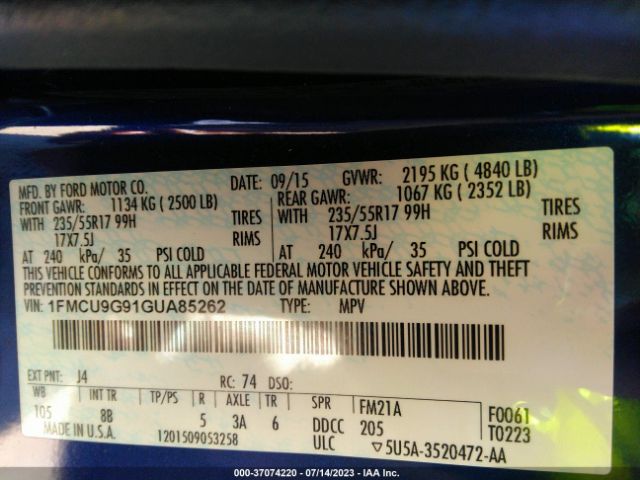 1FMCU9G91GUA85262 Ford ESCAPE SE
