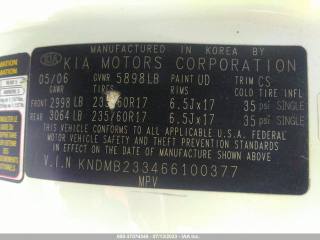 2006 KIA SEDONA LX/EX VIN: KNDMB233466100377