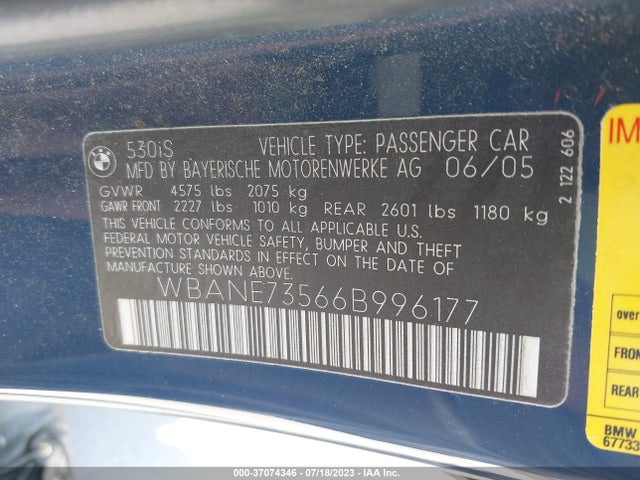 2006 BMW 5 SERIES 530I VIN: WBANE73566B996177