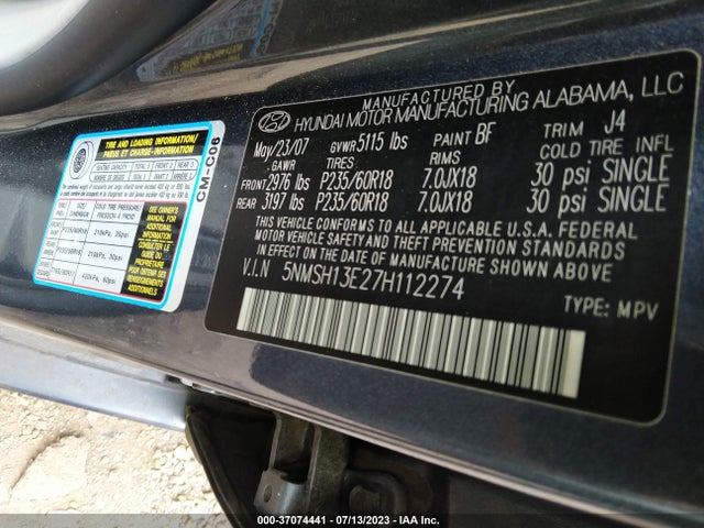 2007 HYUNDAI SANTA FE SE/LIMITED VIN: 5NMSH13E27H112274