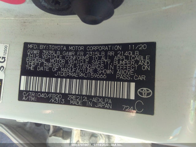 Aukcja sprzedaży 2021 Toyota Corolla Le, vin: JTDEPMAE9MJ159666, numer aukcji: 37074477