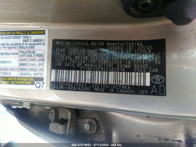 2005 TOYOTA COROLLA CE/S/LE VIN: 2T1BR30E85C462914