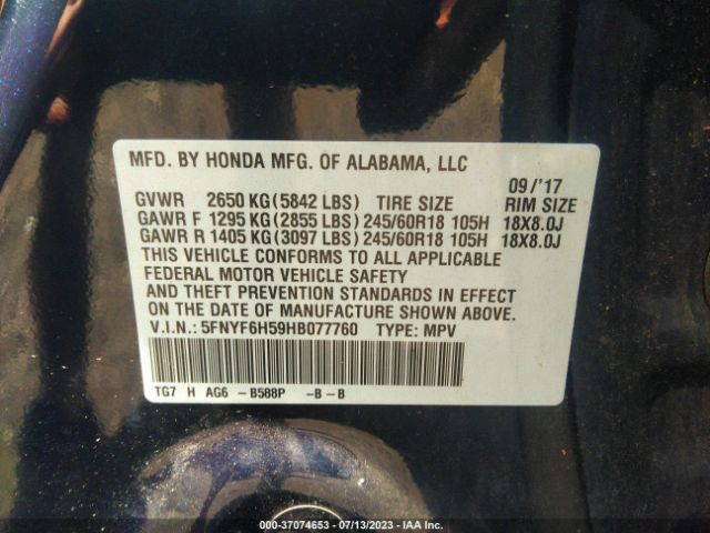 5FNYF6H59HB077760 Honda Pilot Ex-l