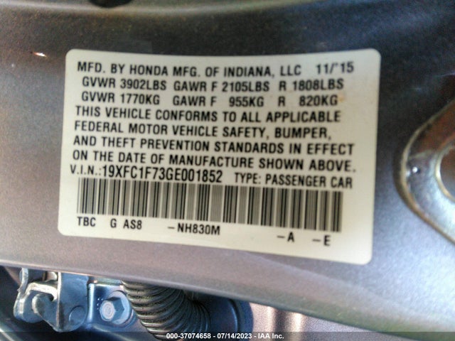 2016 HONDA CIVIC SEDAN EX-L VIN: 19XFC1F73GE001852
