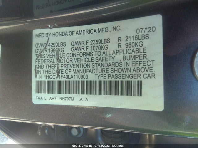 Honda Accord Sedan Ex 2020 1HGCV1F40LA110903 Image 9