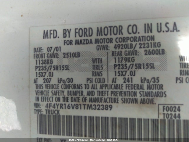 2001 MAZDA B-SERIES 2WD TRUCK DS/SE VIN: 4F4YR16V81TM32389