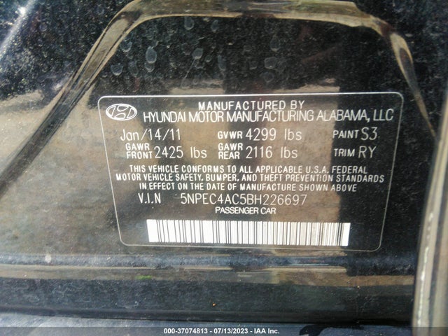 2011 HYUNDAI SONATA LTD VIN: 5NPEC4AC5BH226697