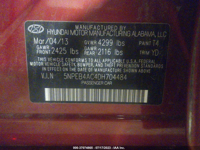 2013 HYUNDAI SONATA GLS VIN: 5NPEB4AC4DH704484